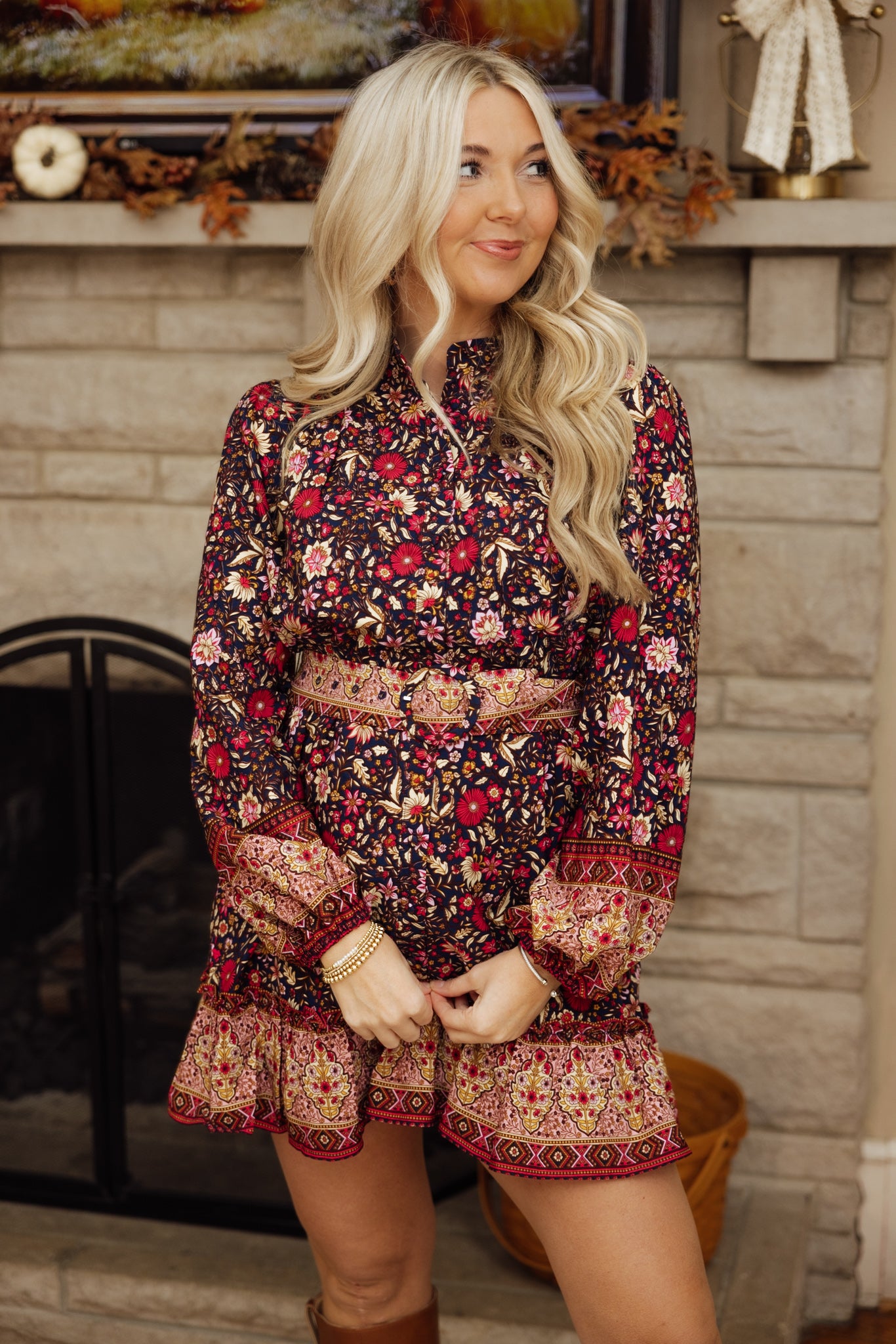Navy Floral Belted Dress